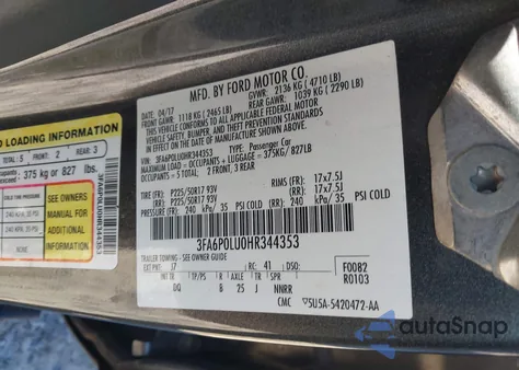2017 Ford Fusion Hybrid Se z USA, uszkodzony, nr VIN 3FA6P0LU0HR344353